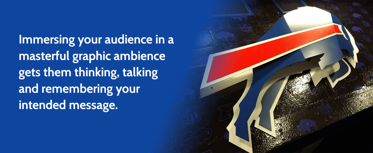 Image of Buffalo Bills logo on a wall with other graphics, with a quote from the post about graphic ambience.