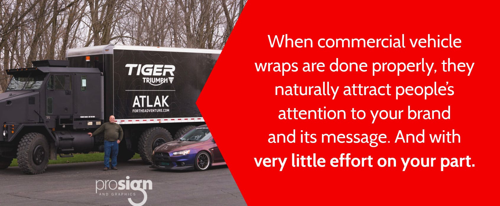Military-style semi truck with a black wrap of the company name & logo, and a quote from the article next to it.