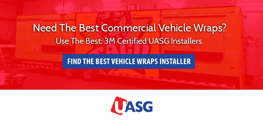 Red & blue image of UASG logo with text "Find the best vehicle wraps installer."