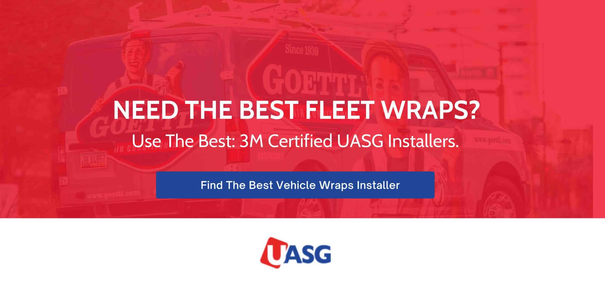 Image with HVAC van in background and text promoting UASG vehicle wraps installers.