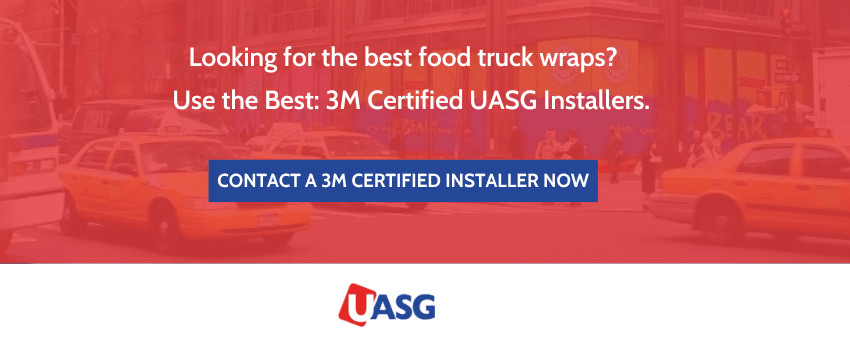Image of food trucks in the background of text promoting 3m certified wrap installers.