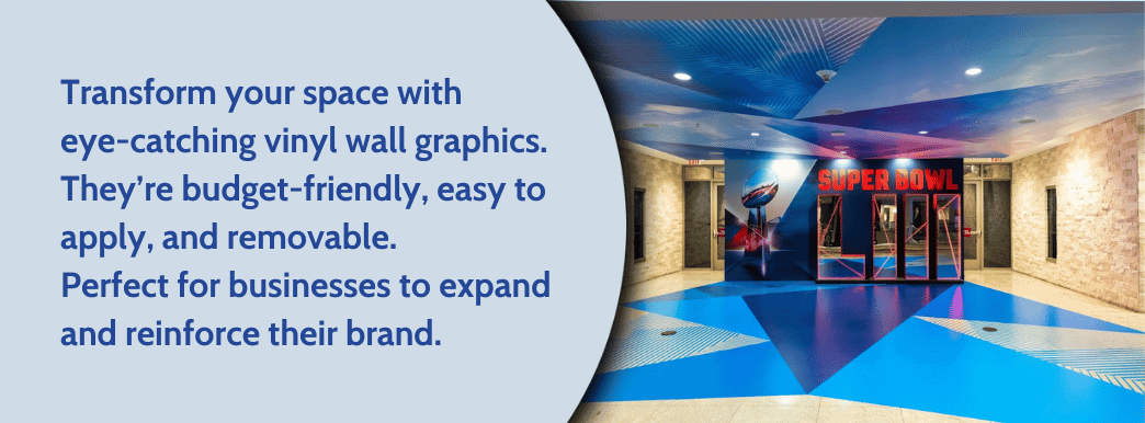 Large blue and red Super Bowl wall wrap on a wall and ceiling with text from the page on the side.