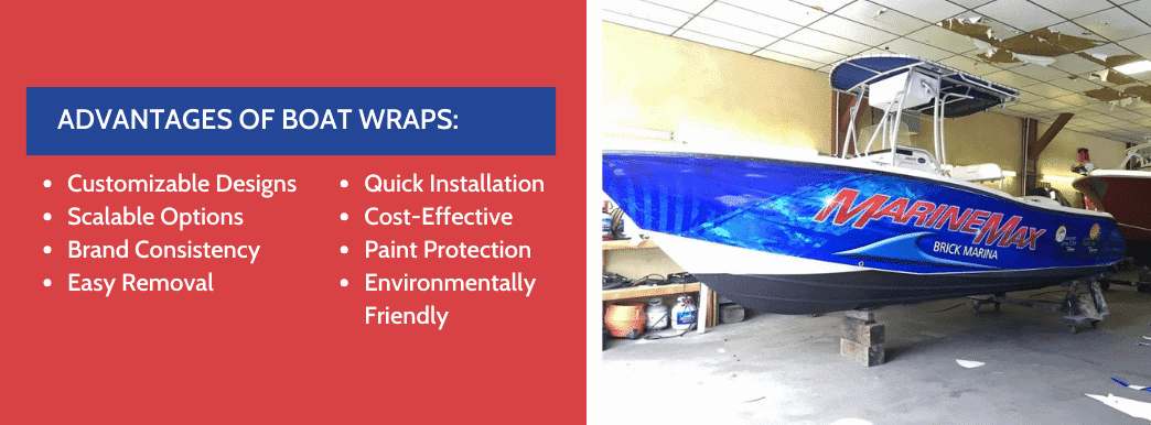 A professionally wrapped marine boat in blue and red colors, showcasing the text "Marine Max" and a quote from the page on the side.