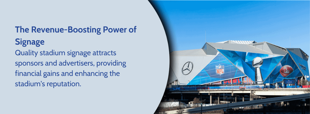 Football stadium with signage, and text from the page next to it.