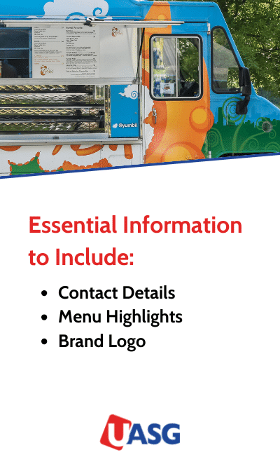 Image of a food truck with a blue and yellow wrap parked and open, with text from the page under the image.