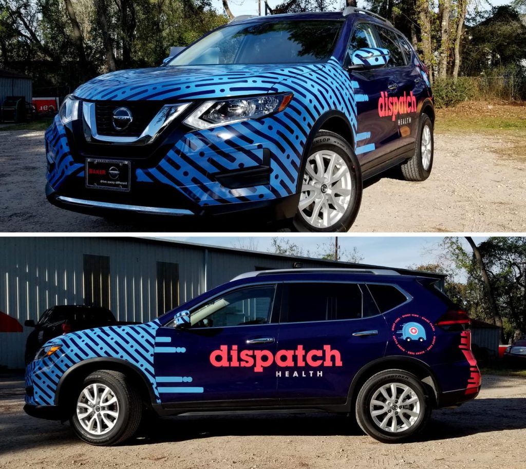 A vibrant dispatch car wrap design featuring bold graphics and clear branding elements for effective visibility on the road.
