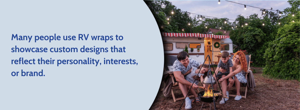 A family in front of an RV, featuring custom wraps that illustrate their personal interests and brand expression.