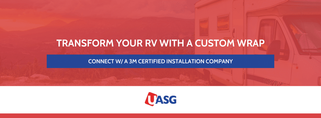 Image of an RV wrap showcasing "Transform Your RV with a Custom Wrap" and a button to connect with a 3M certified installer.
