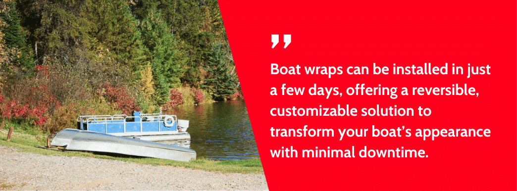 Image of a pontoon boat with text highlighting quick installation of customizable wraps for transforming boat appearance.