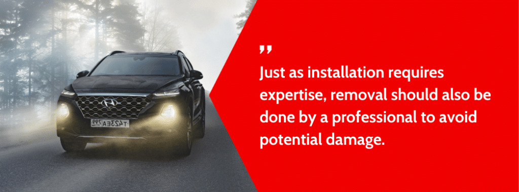 Image of a Hyundai vehicle vinyl wrap with a message about professional installation and removal to prevent damage.