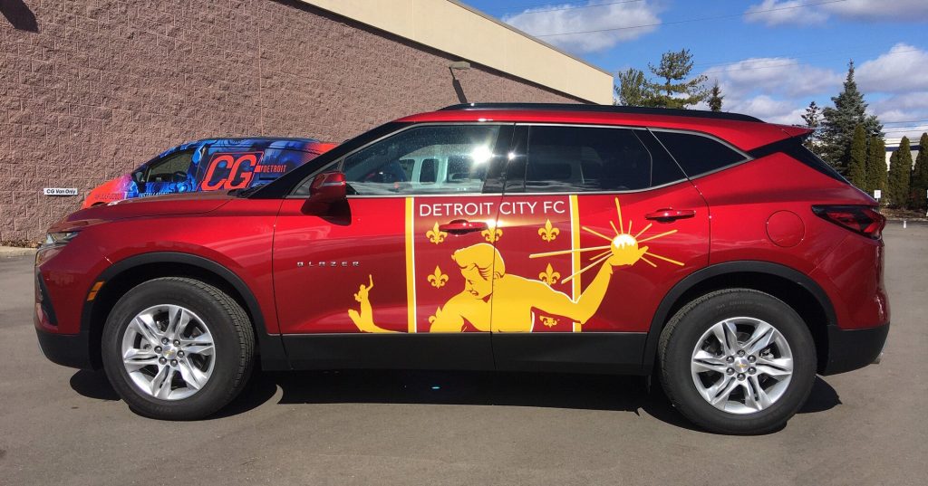 Custom-wrapped Chevrolet Blazer showcasing a vibrant vinyl design, highlighting its unique style and personalization.