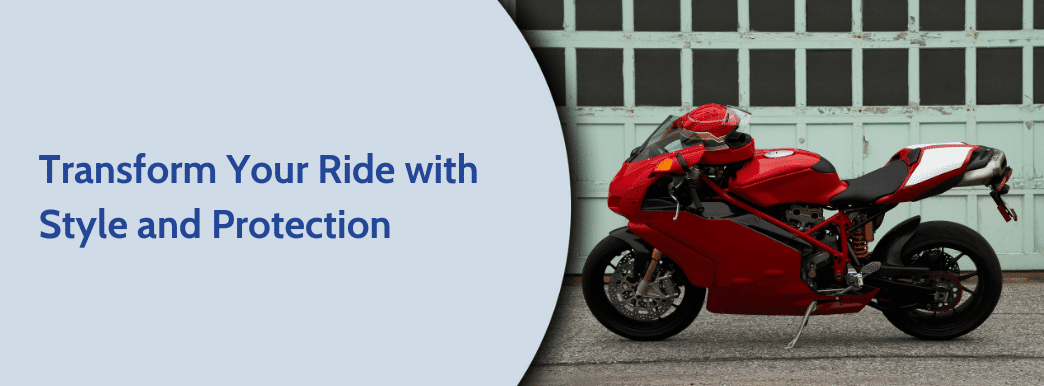 A red motorcycle parked in front of a garage door, accompanied by text: "Transform Your Ride with Style and Protection."