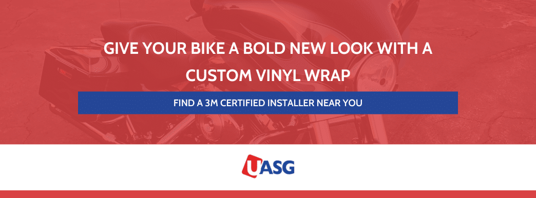 Banner image featuring a motorcycle with text promoting custom vinyl wraps and a button to find a certified installer nearby.
