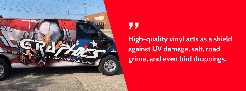 Image of a spinter van with text stating, "High-quality vinyl shields against UV damage, salt, road grime, and bird droppings."