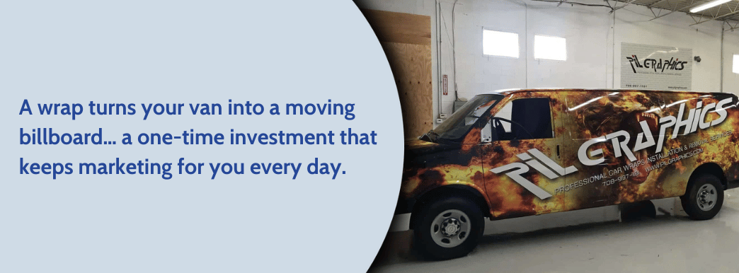 A van with text about the cost-effectiveness of vinyl wraps for visual transformation.