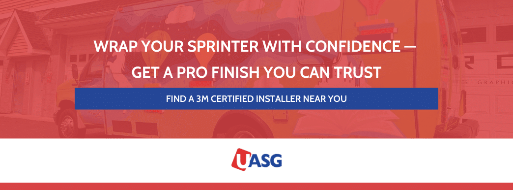 Call to action banner featuring a van with text promoting professional sprinter wrapping and finding a certified installer.