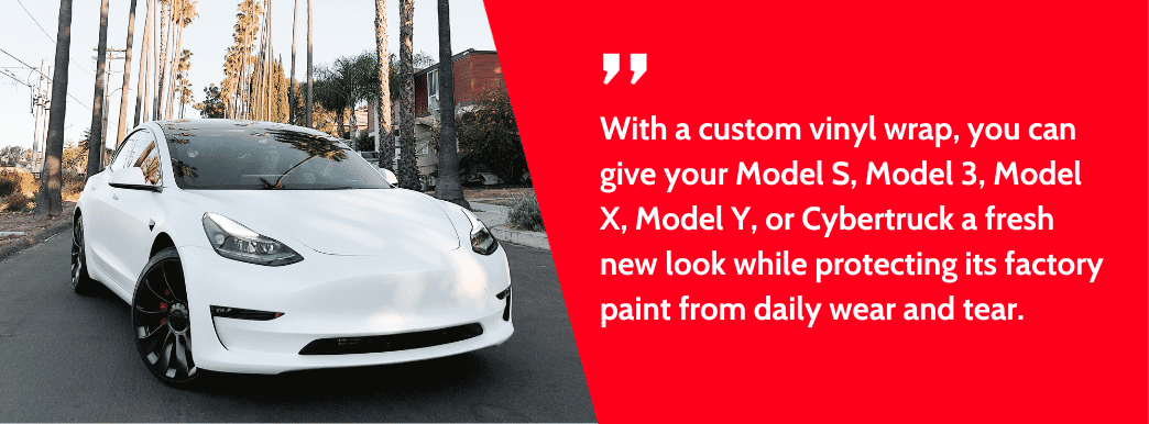 Tesla Model 3 with a custom vinyl wrap, showcasing a fresh look while protecting the factory paint from wear and tear.