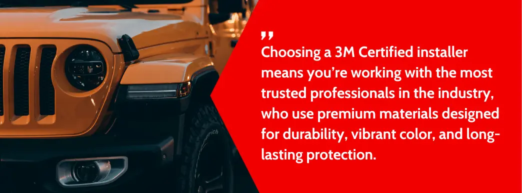 Jeep vehicles lined up, showcasing durability and vibrant colors, emphasizing quality from 3M Certified installers.