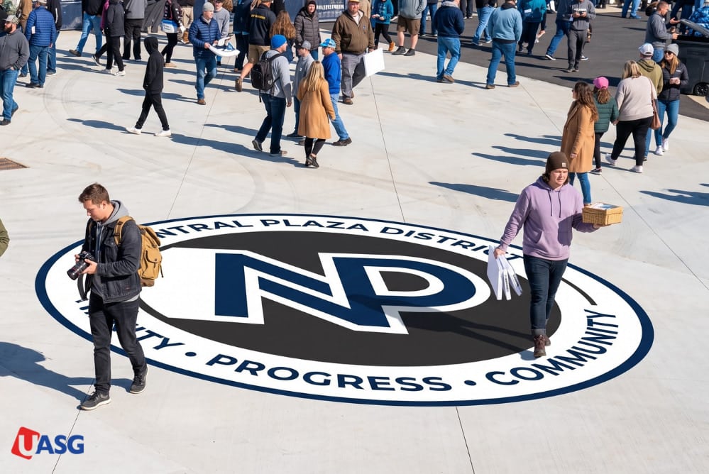 Large circular branded plaza graphic on concrete with pedestrians walking across it during an outdoor event.